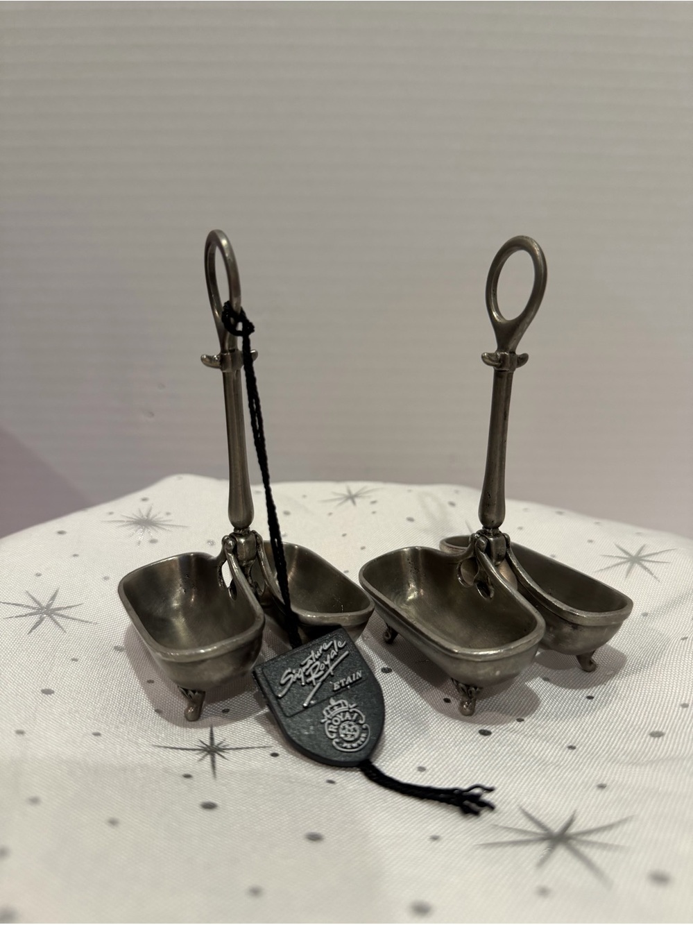 Vintage Signature Royale Pewter Clawfoot Bathtub Double Salt Cellar Caddy  (pair